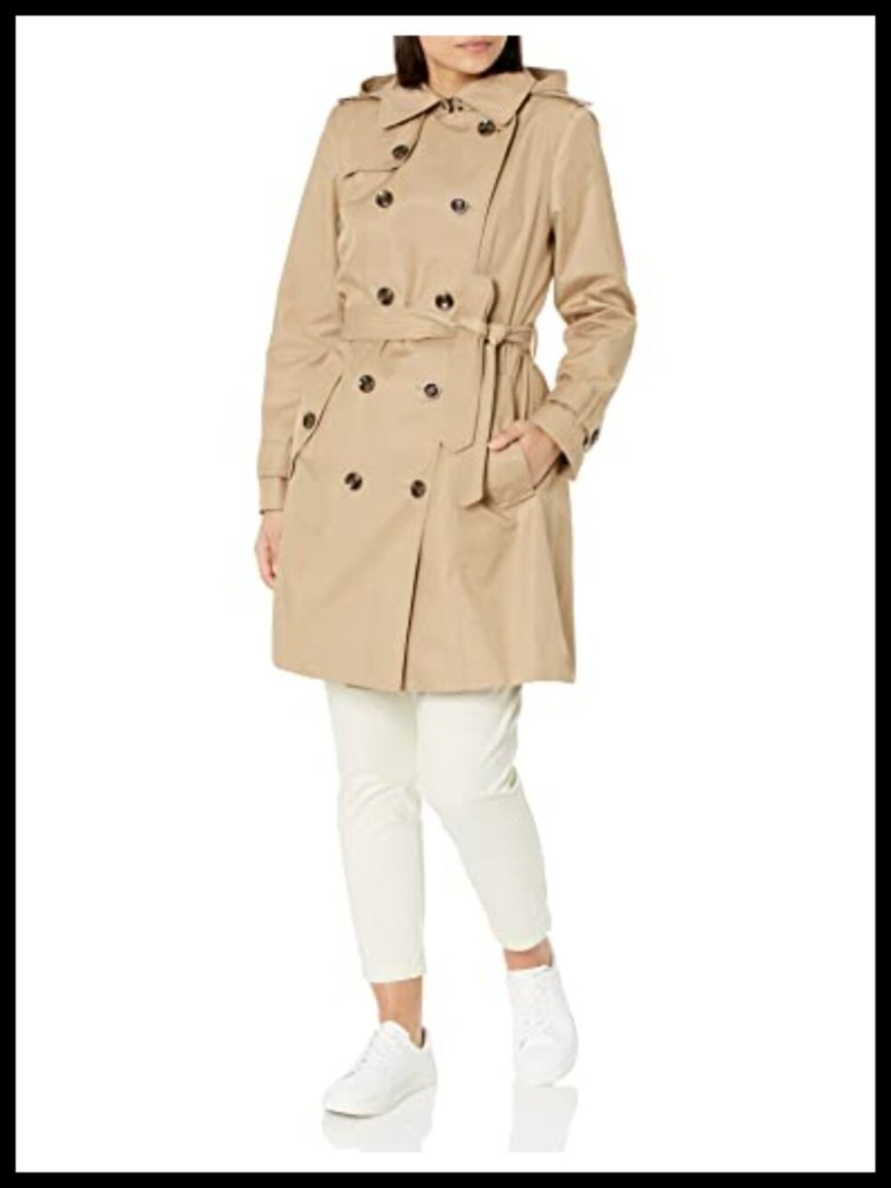 Double Breasted Trench Coat with Belt & Removable Hood